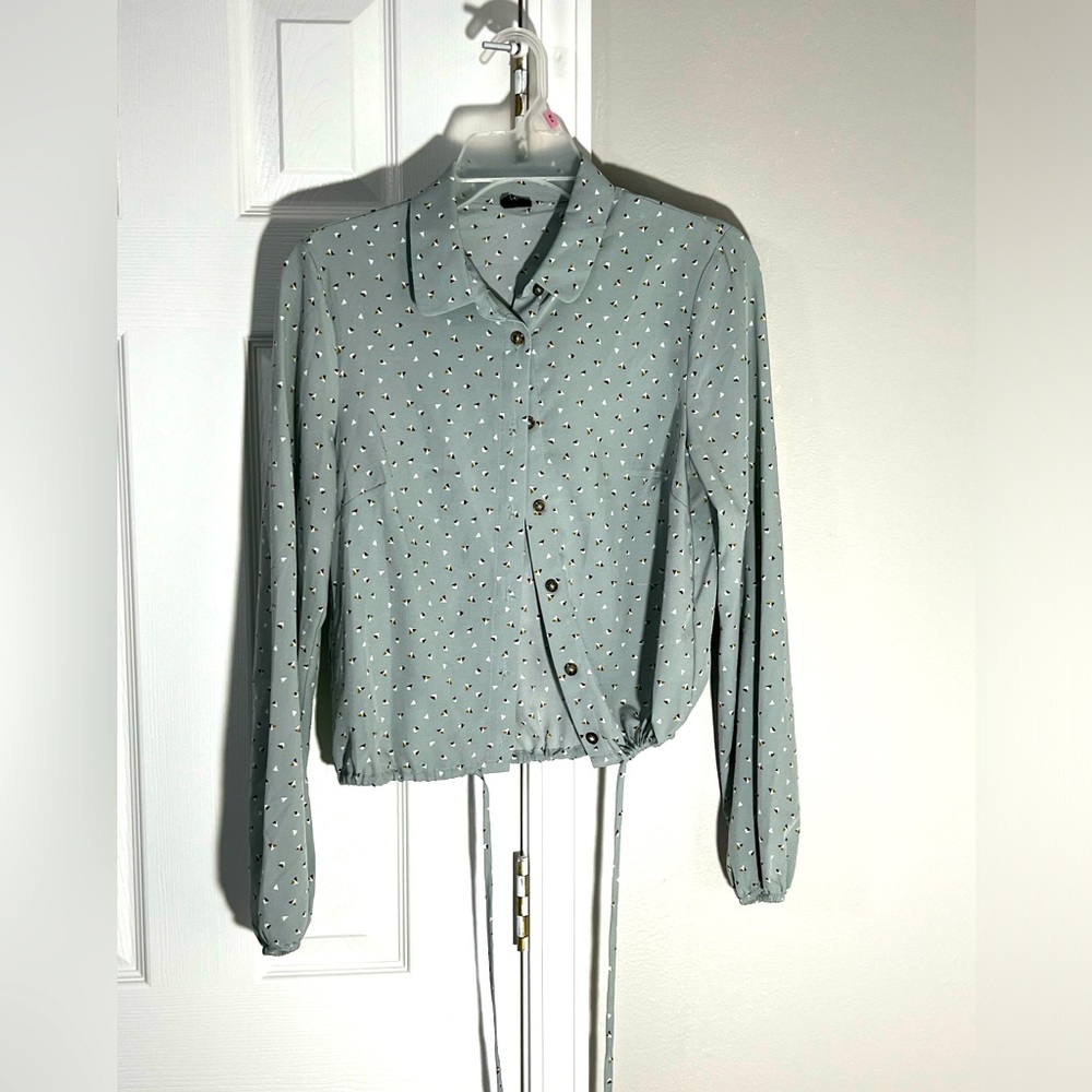 Teal Cropped Tie Button Down Shirt